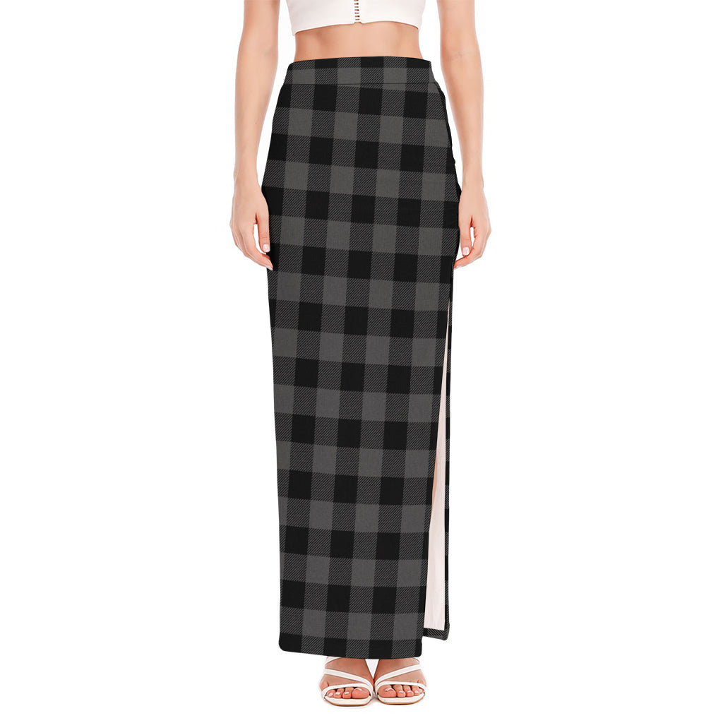 Dark Grey And Black Buffalo Check Print High Slit Maxi Skirt