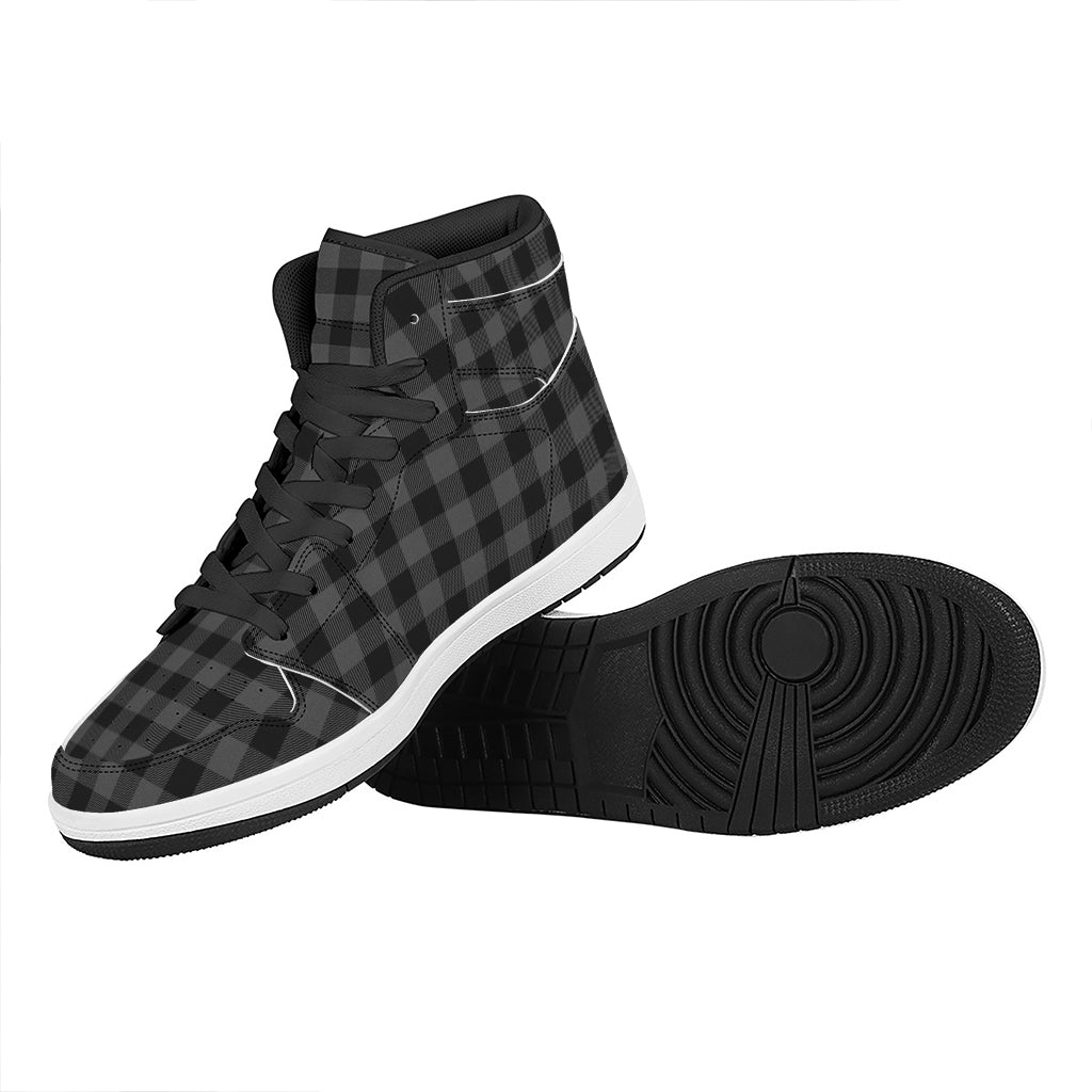 Dark Grey And Black Buffalo Check Print High Top Leather Sneakers