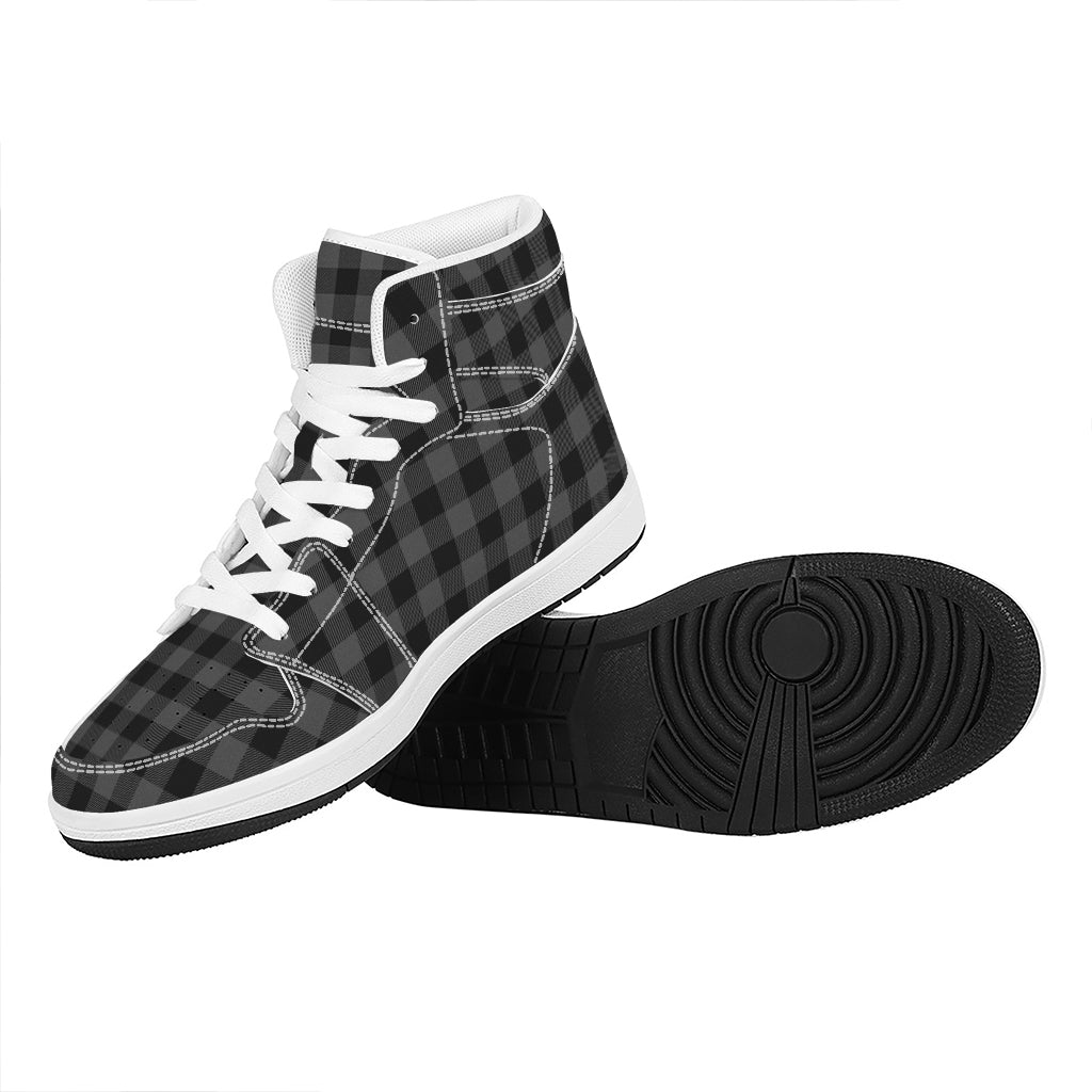 Dark Grey And Black Buffalo Check Print High Top Leather Sneakers