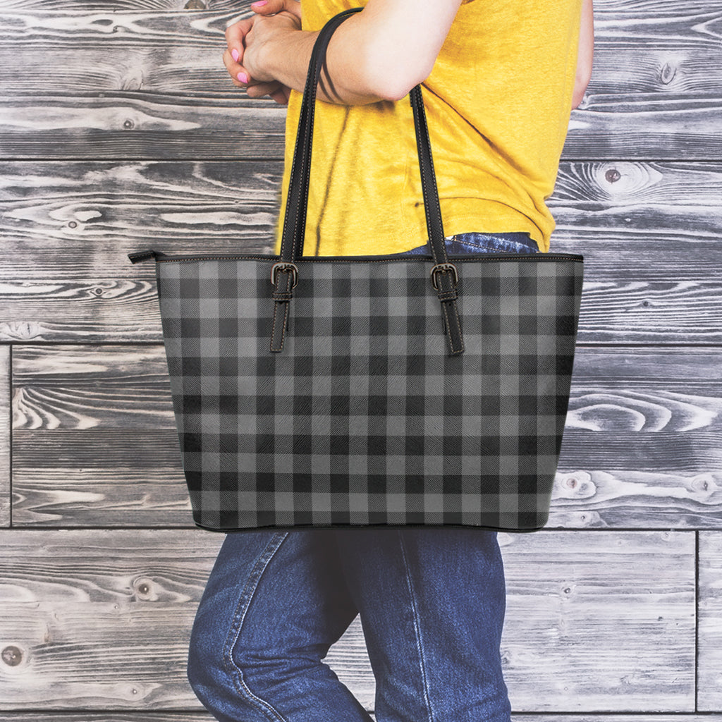 Dark Grey And Black Buffalo Check Print Leather Tote Bag