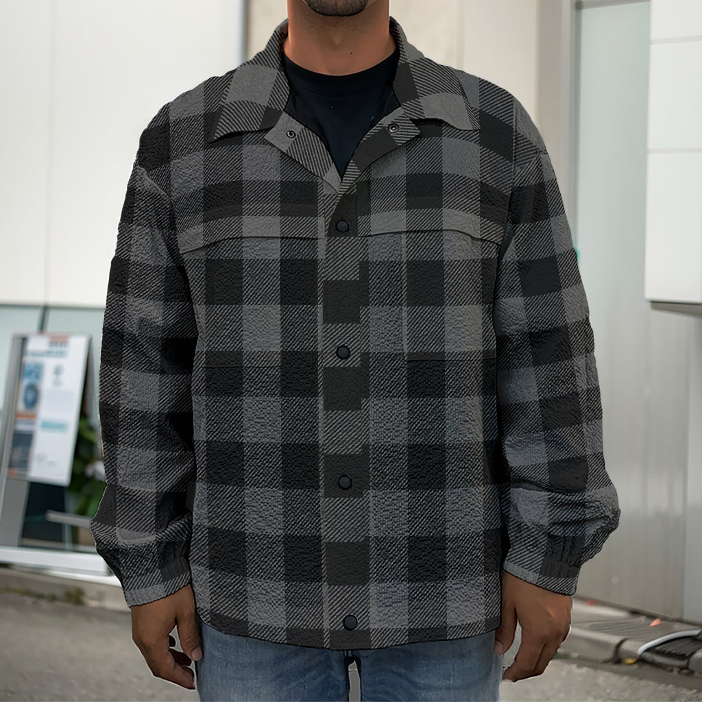 Dark Grey And Black Buffalo Check Print Men's Shirt Jacket
