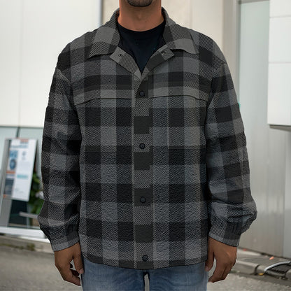 Dark Grey And Black Buffalo Check Print Men's Shirt Jacket