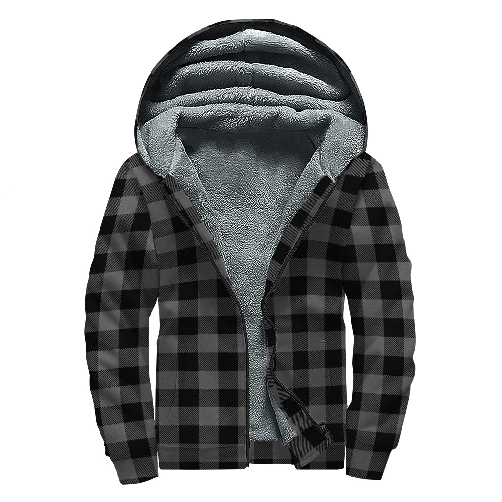 Dark Grey And Black Buffalo Check Print Sherpa Lined Zip Up Hoodie