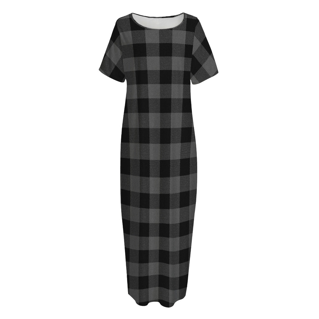 Dark Grey And Black Buffalo Check Print Short Sleeve Long Nightdress