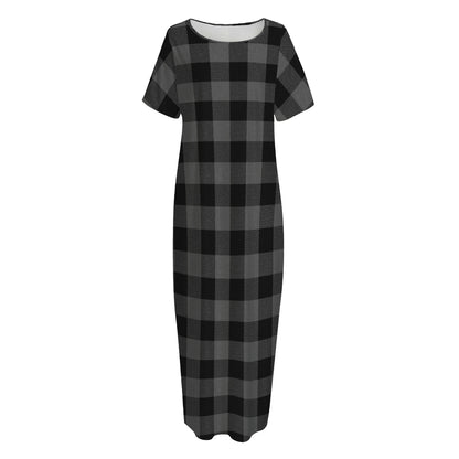 Dark Grey And Black Buffalo Check Print Short Sleeve Long Nightdress