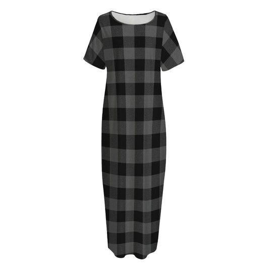 Dark Grey And Black Buffalo Check Print Short Sleeve Long Nightdress