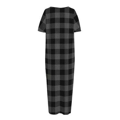 Dark Grey And Black Buffalo Check Print Short Sleeve Long Nightdress