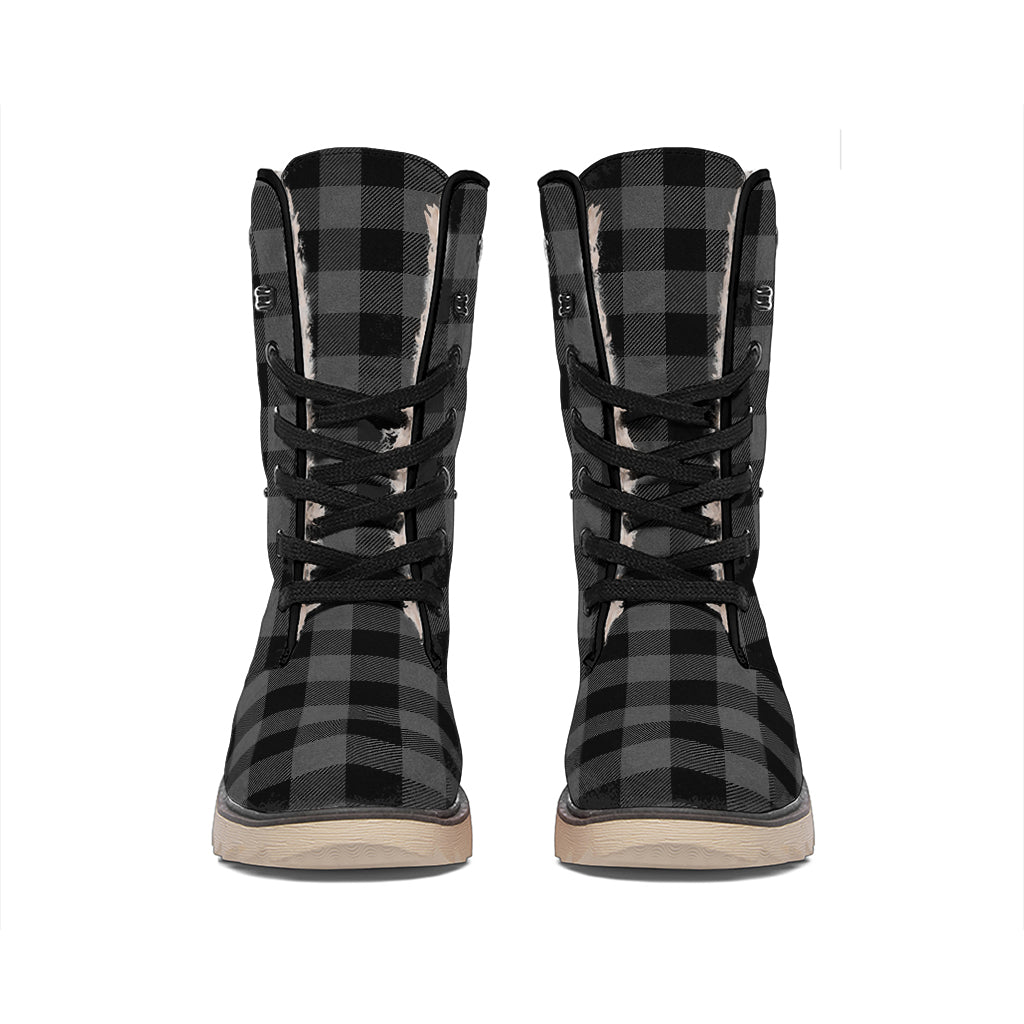 Dark Grey And Black Buffalo Check Print Winter Boots