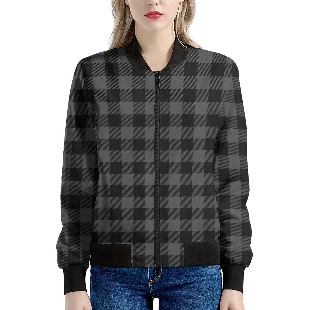 Dark Grey And Black Buffalo Check Print Women's Bomber Jacket