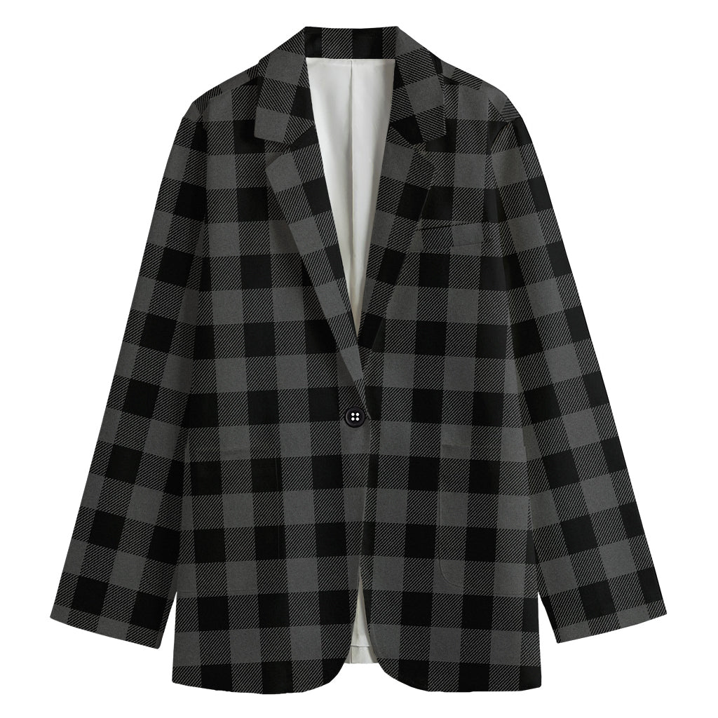 Dark Grey And Black Buffalo Check Print Women's Cotton Blazer