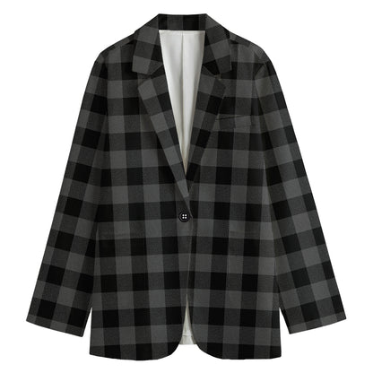 Dark Grey And Black Buffalo Check Print Women's Cotton Blazer