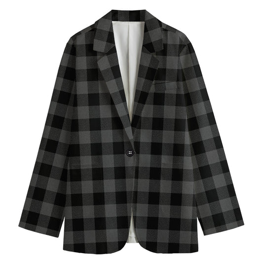 Dark Grey And Black Buffalo Check Print Women's Cotton Blazer