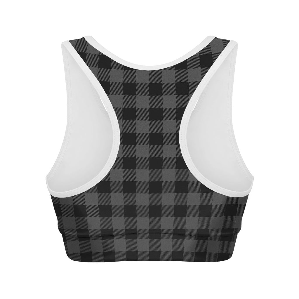 Dark Grey And Black Buffalo Check Print Women's Sports Bra