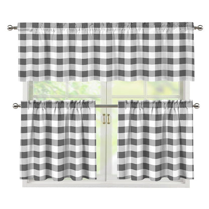 Dark Grey And White Gingham Print 3 Piece Kitchen Curtains