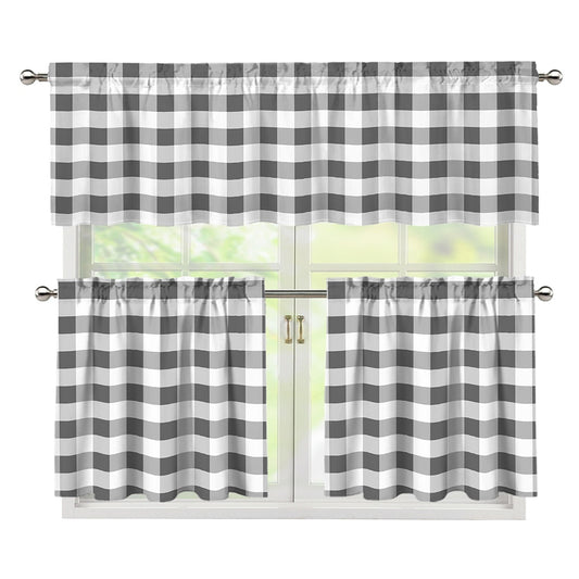 Dark Grey And White Gingham Print 3 Piece Kitchen Curtains
