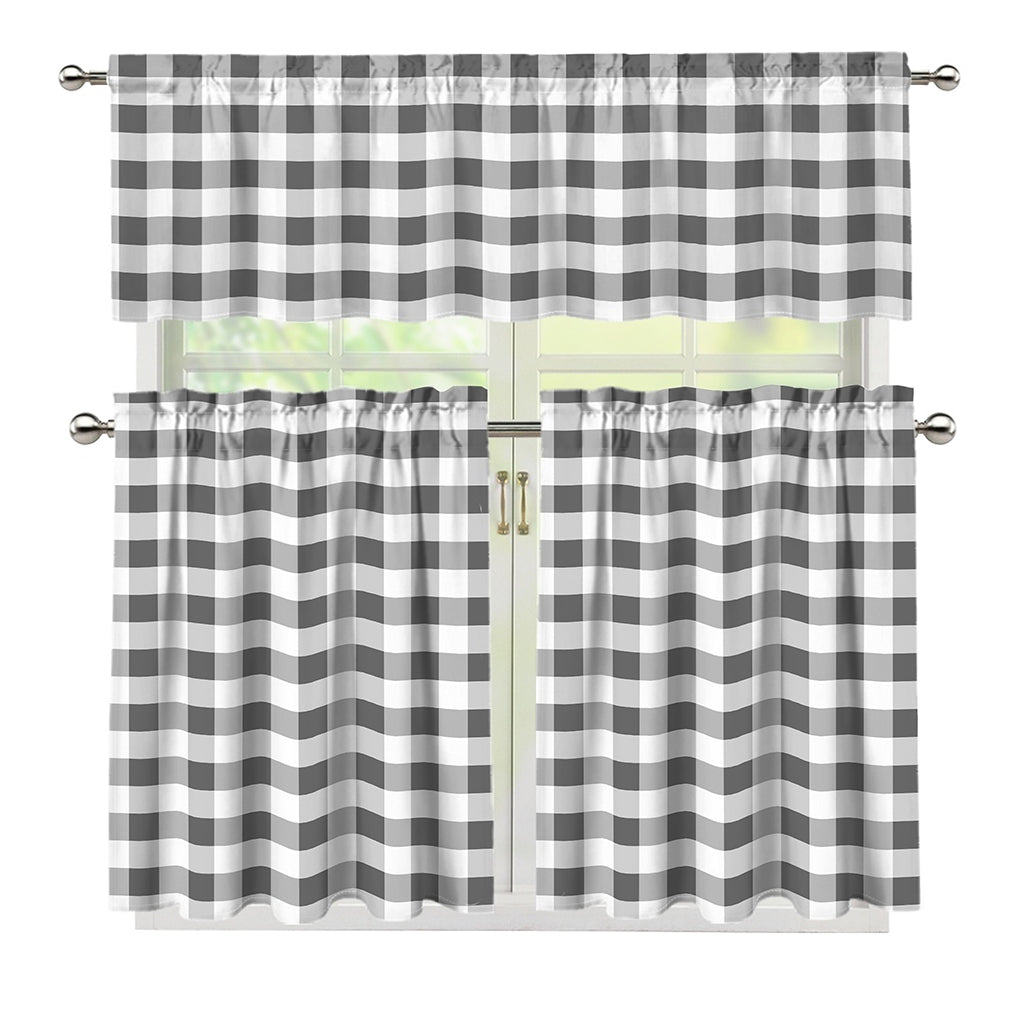 Dark Grey And White Gingham Print 3 Piece Kitchen Curtains