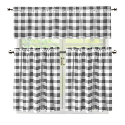 Dark Grey And White Gingham Print 3 Piece Kitchen Curtains