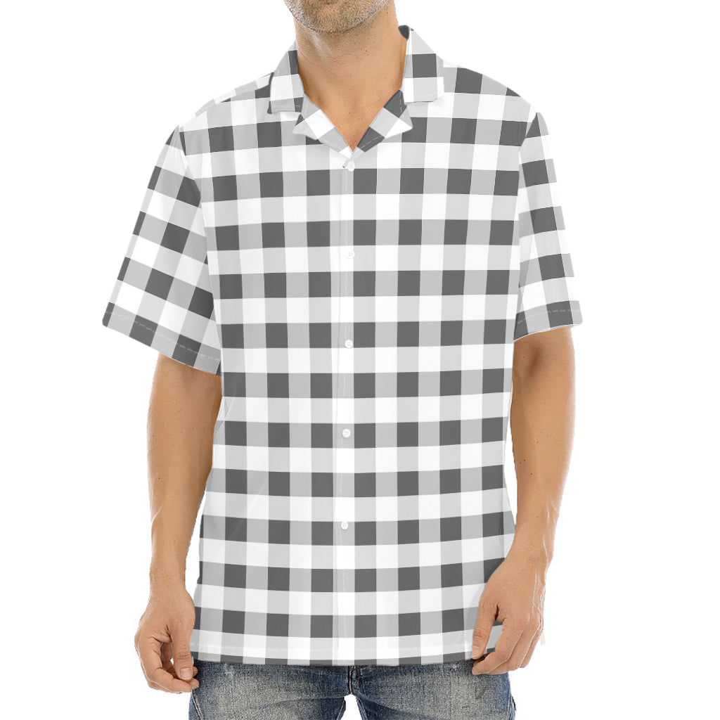 Dark Grey And White Gingham Print Aloha Shirt