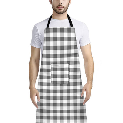 Dark Grey And White Gingham Print Bib Apron With Pocket