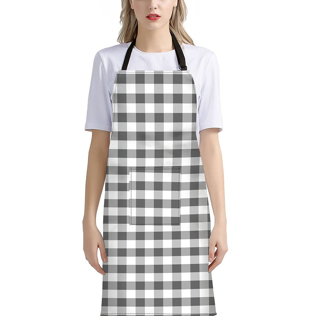 Dark Grey And White Gingham Print Bib Apron With Pocket