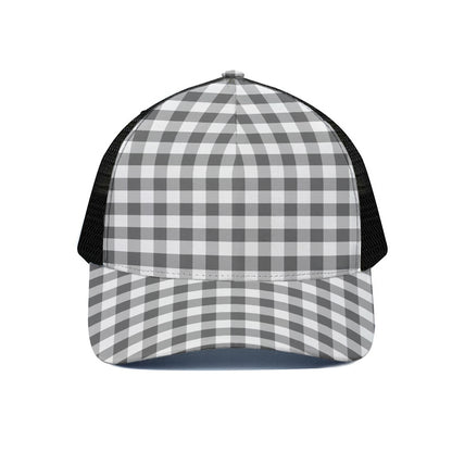 Dark Grey And White Gingham Print Black Mesh Trucker Cap