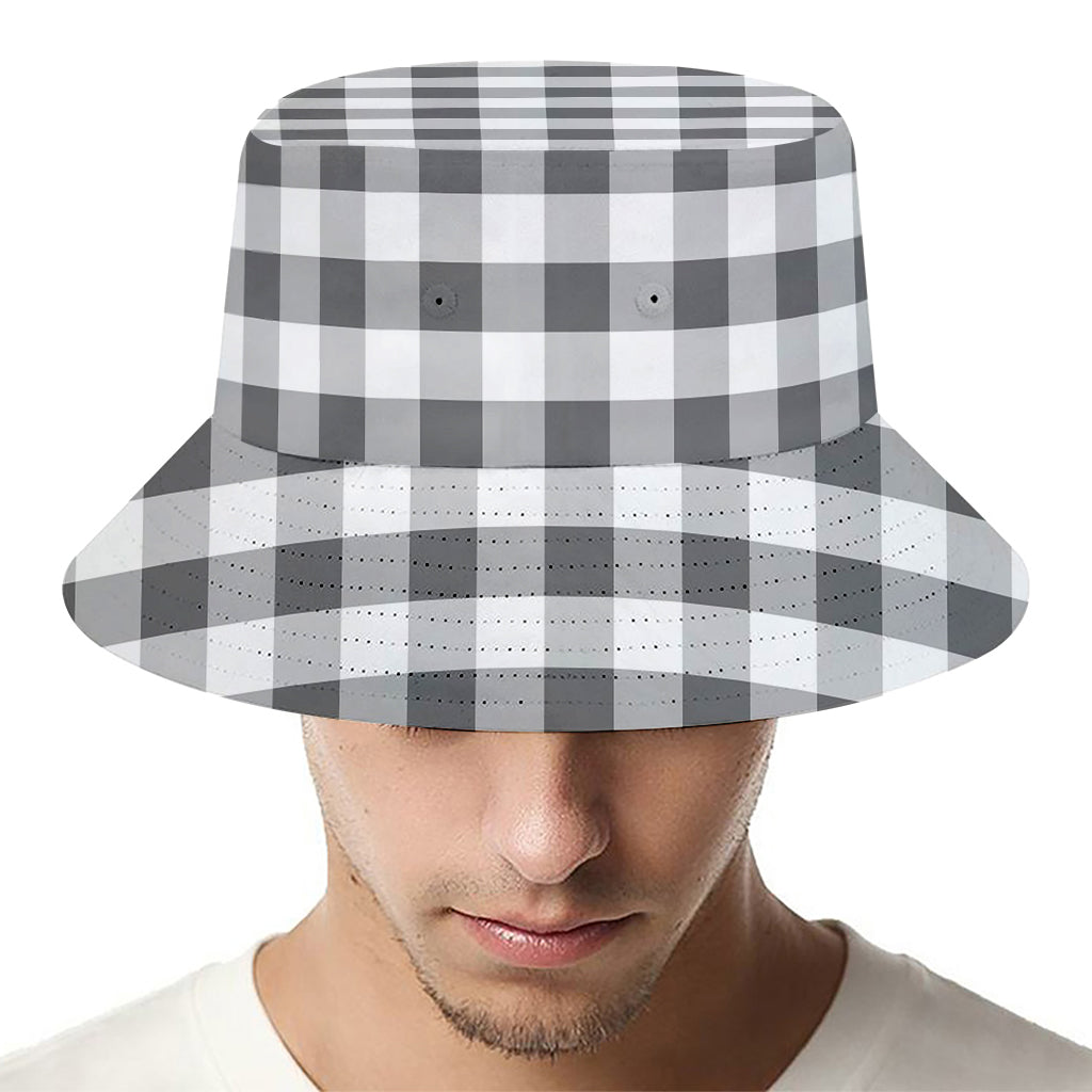 Dark Grey And White Gingham Print Bucket Hat