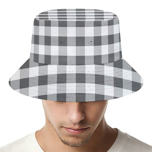 Dark Grey And White Gingham Print Bucket Hat