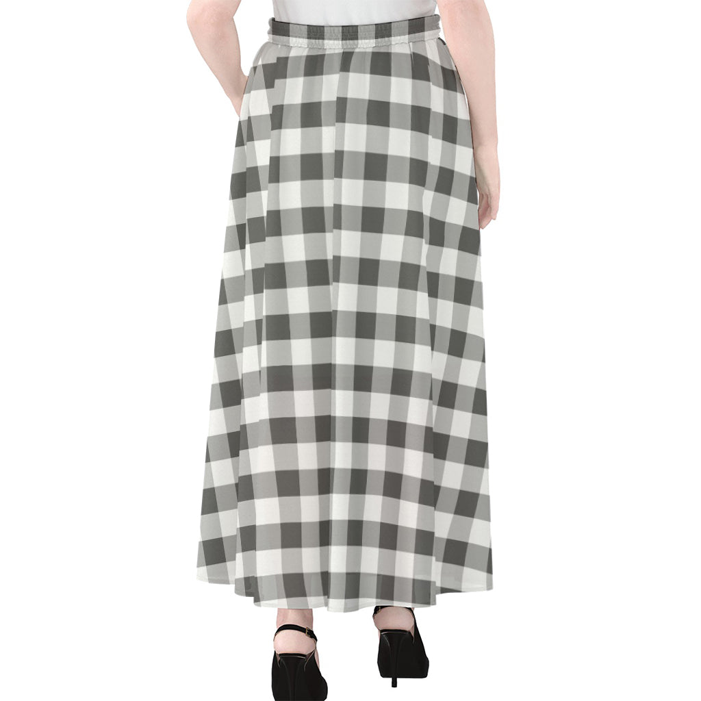Dark Grey And White Gingham Print Chiffon Maxi Skirt