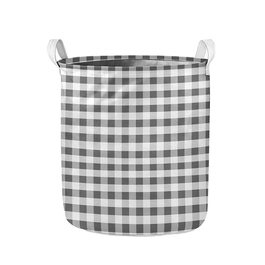 Dark Grey And White Gingham Print Collapsible Laundry Basket