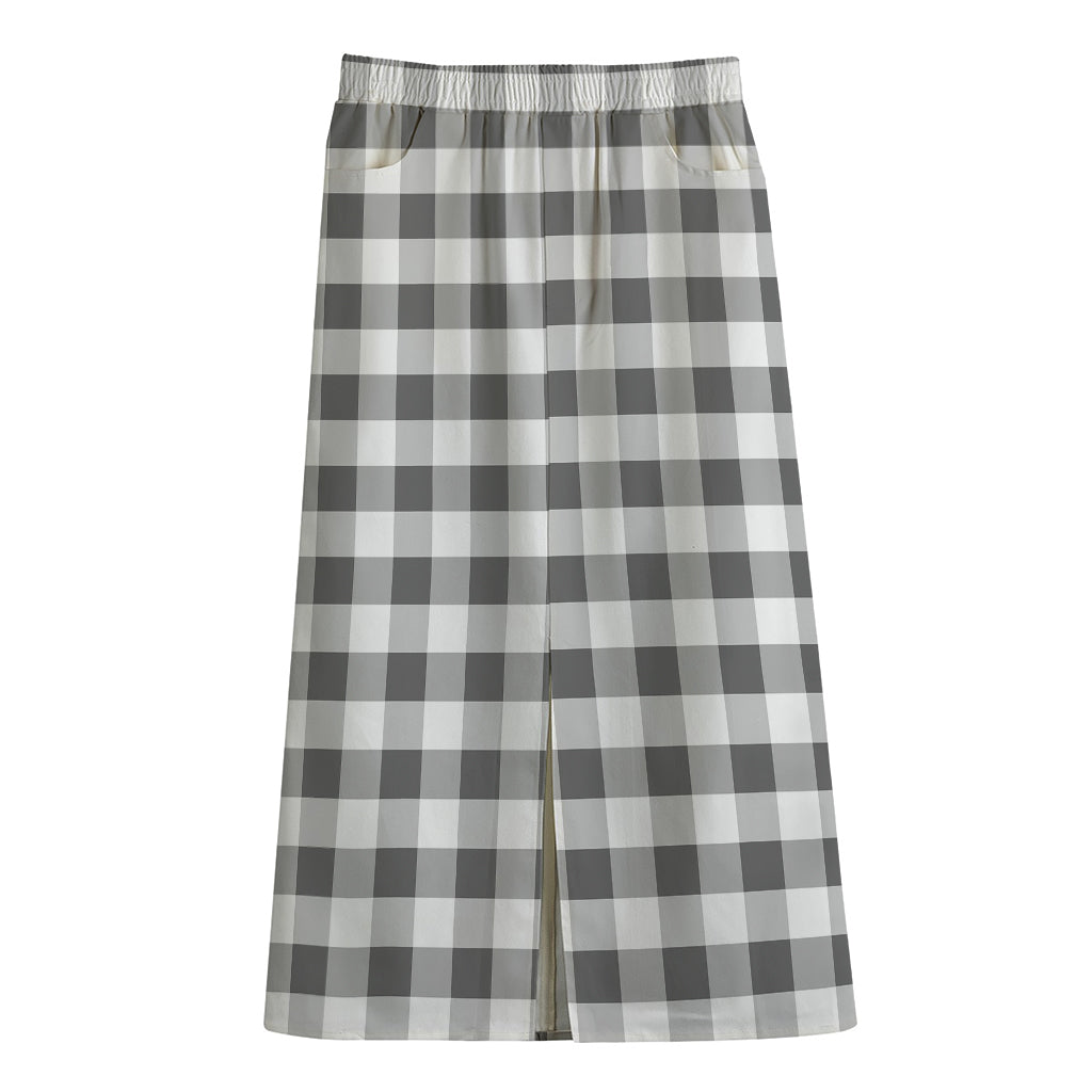 Dark Grey And White Gingham Print Cotton Front Slit Maxi Skirt