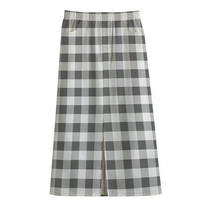 Dark Grey And White Gingham Print Cotton Front Slit Maxi Skirt