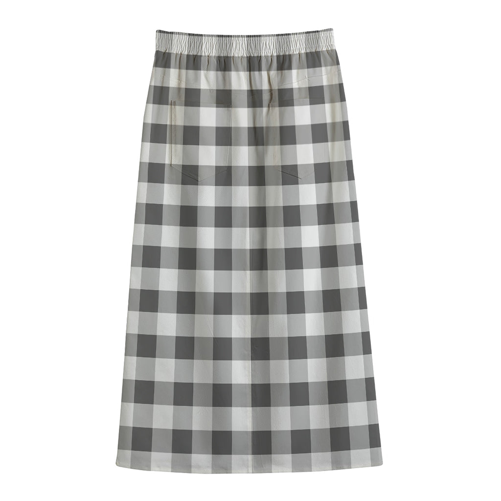 Dark Grey And White Gingham Print Cotton Front Slit Maxi Skirt