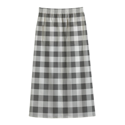 Dark Grey And White Gingham Print Cotton Front Slit Maxi Skirt
