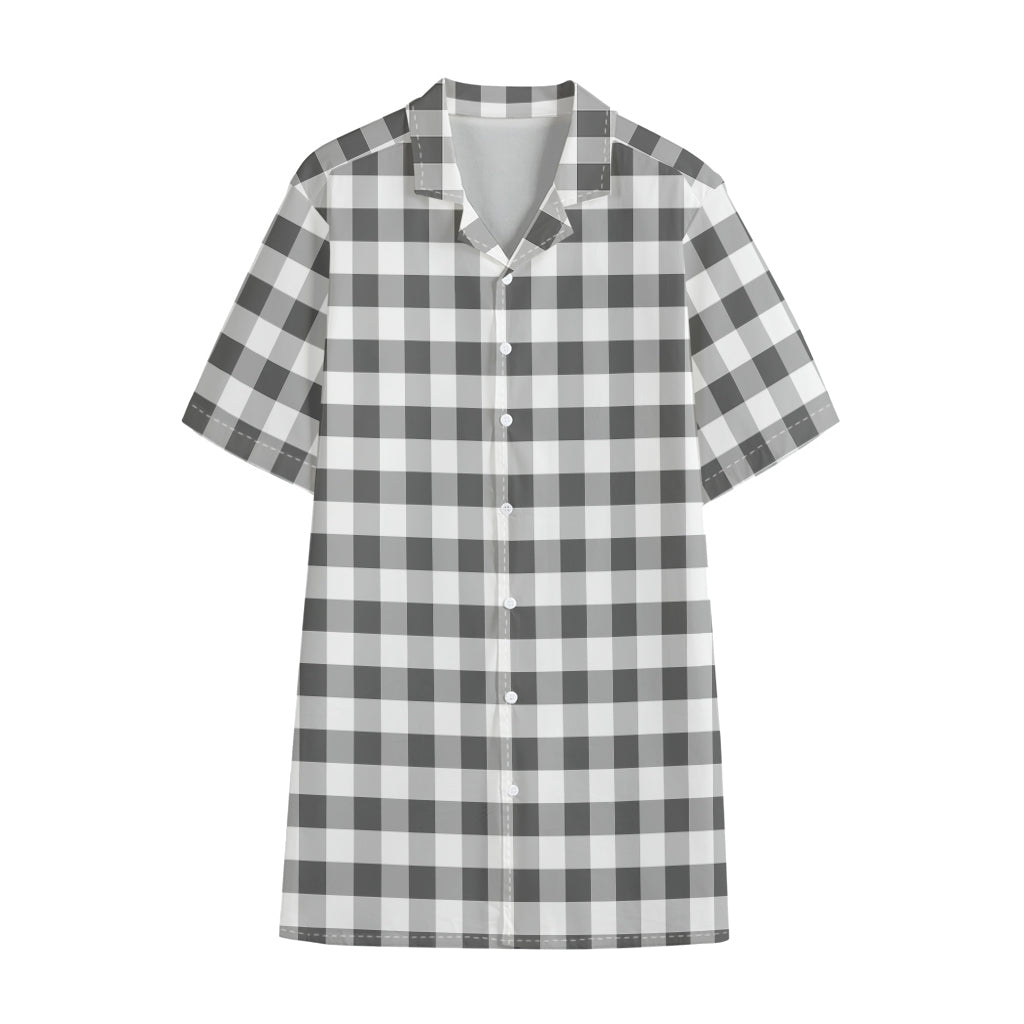 Dark Grey And White Gingham Print Cotton Hawaiian Shirt