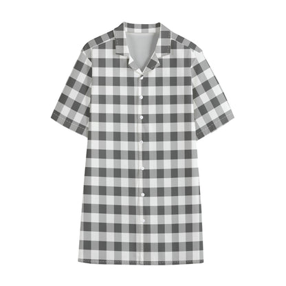 Dark Grey And White Gingham Print Cotton Hawaiian Shirt
