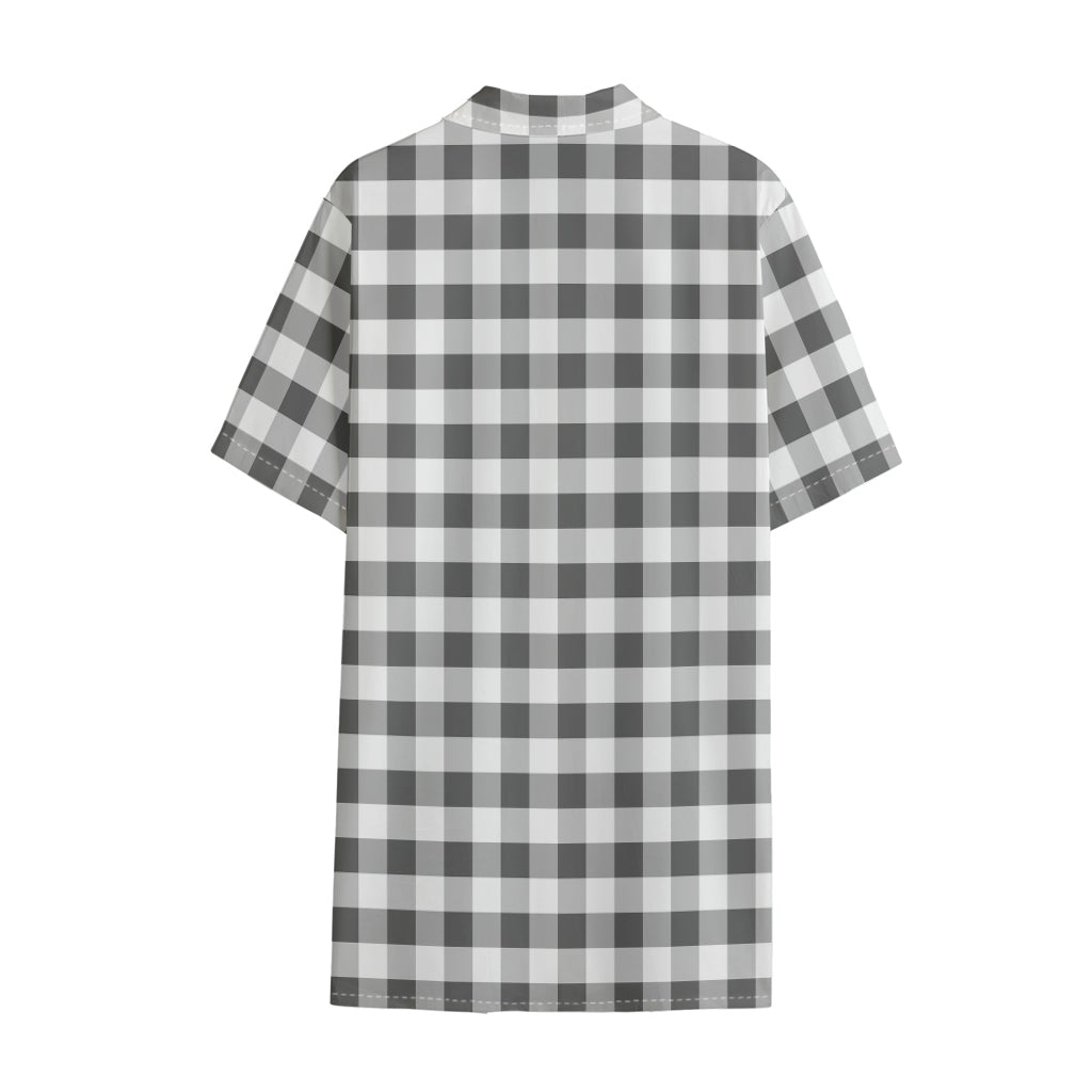 Dark Grey And White Gingham Print Cotton Hawaiian Shirt