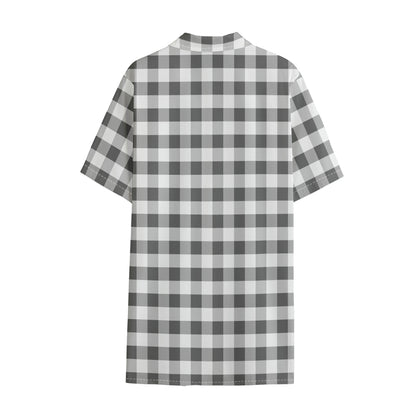 Dark Grey And White Gingham Print Cotton Hawaiian Shirt