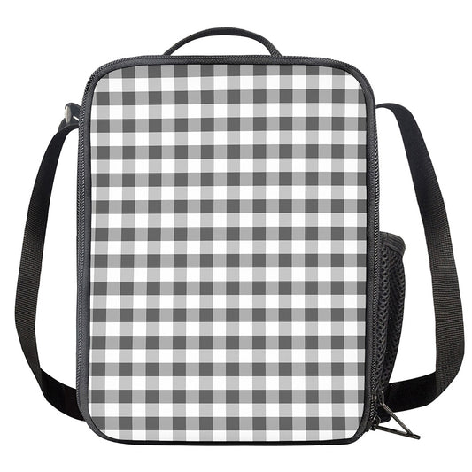 Dark Grey And White Gingham Print Crossbody Lunch Bag