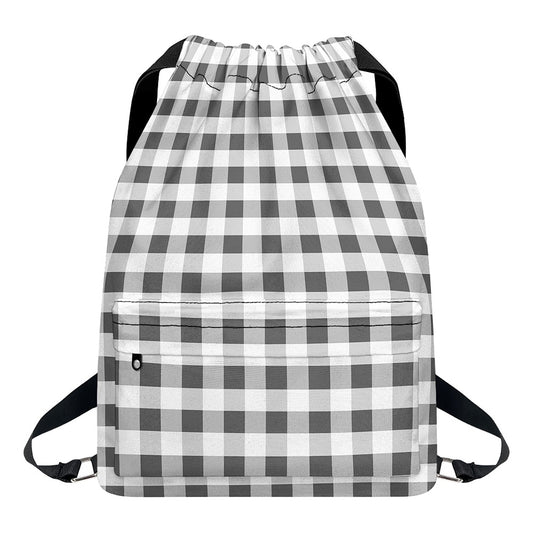 Dark Grey And White Gingham Print Drawstring Backpack