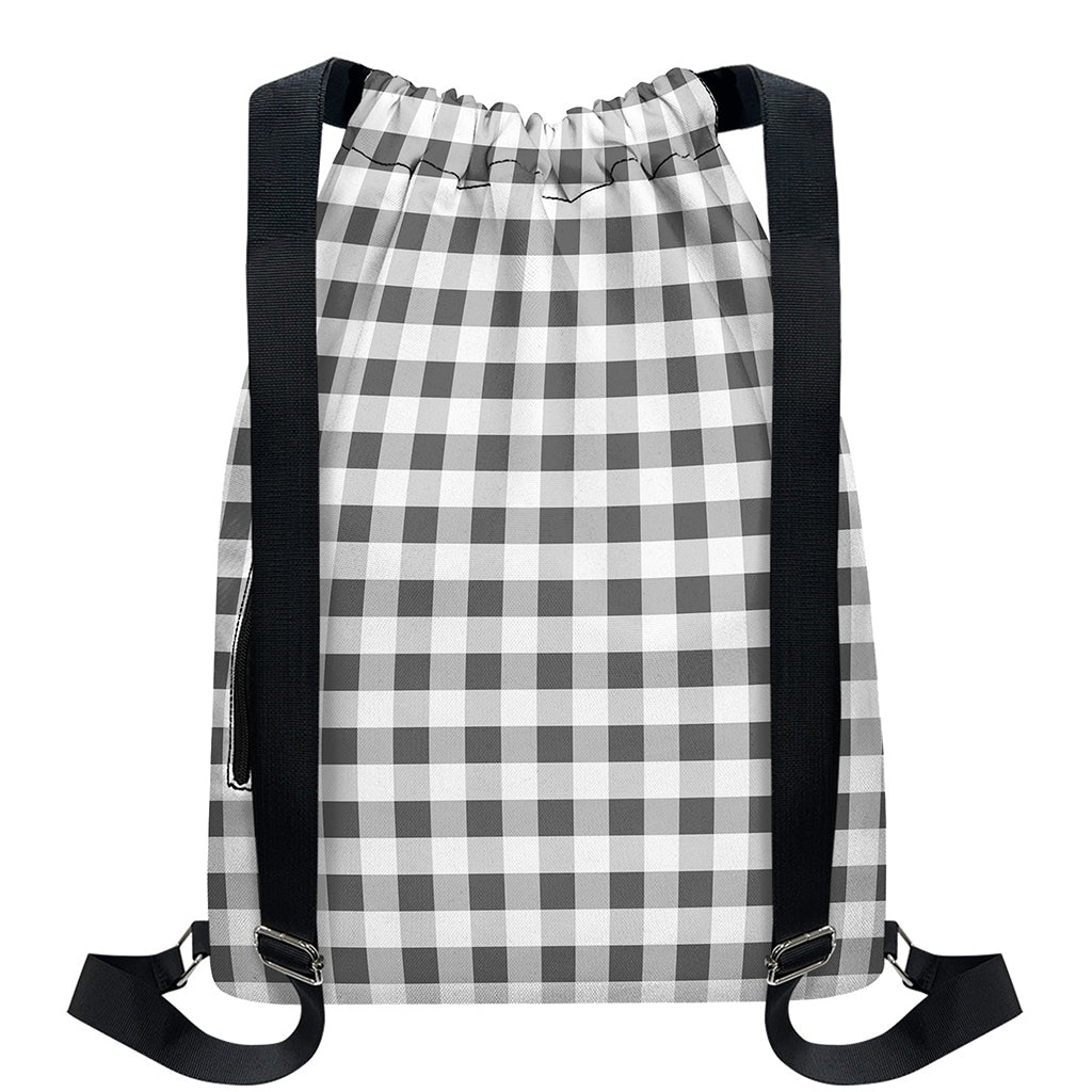 Dark Grey And White Gingham Print Drawstring Backpack