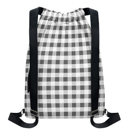 Dark Grey And White Gingham Print Drawstring Backpack