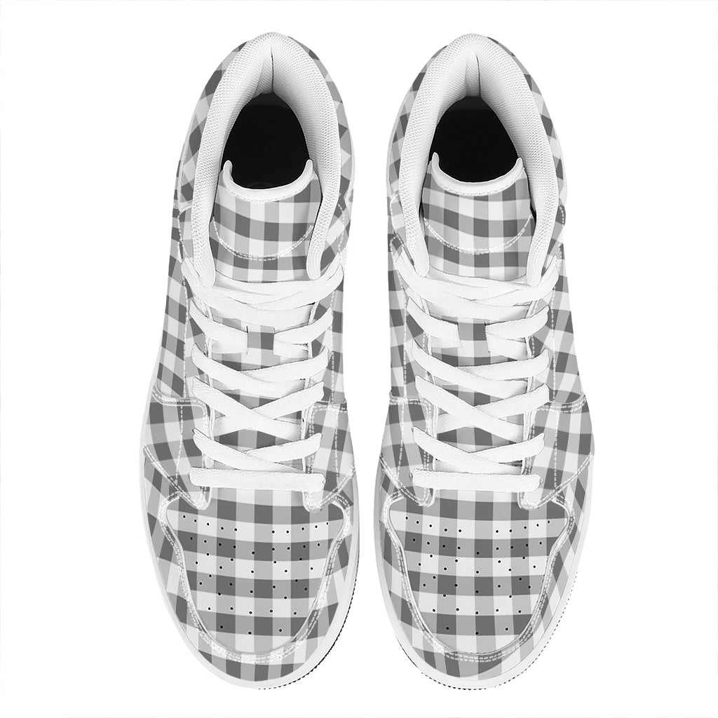 Dark Grey And White Gingham Print High Top Leather Sneakers