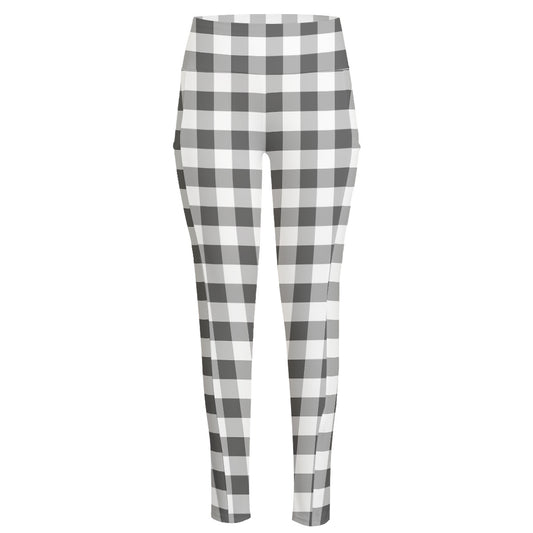 Dark Grey And White Gingham Print High-Waisted Pocket Leggings