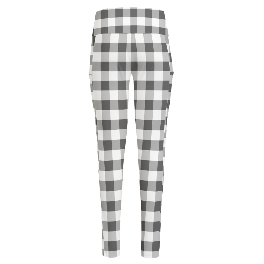Dark Grey And White Gingham Print High-Waisted Pocket Leggings