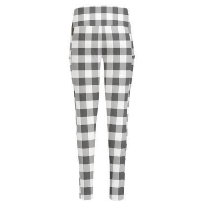 Dark Grey And White Gingham Print High-Waisted Pocket Leggings