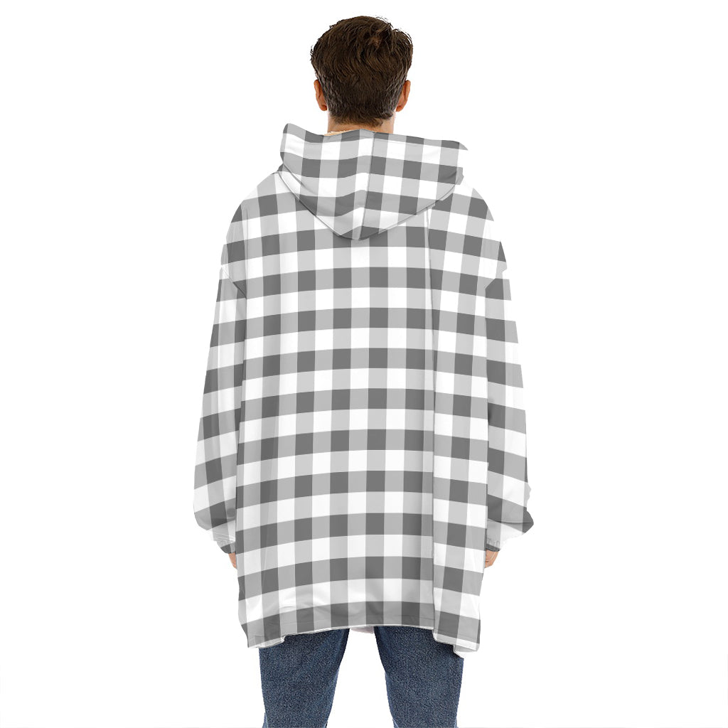 Dark Grey And White Gingham Print Hoodie Blanket