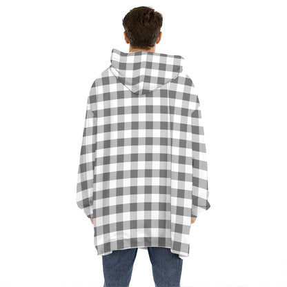 Dark Grey And White Gingham Print Hoodie Blanket