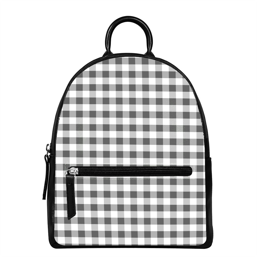 Dark Grey And White Gingham Print Leather Backpack