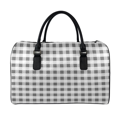 Dark Grey And White Gingham Print Leather Duffle Bag
