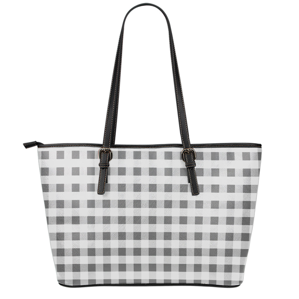 Dark Grey And White Gingham Print Leather Tote Bag